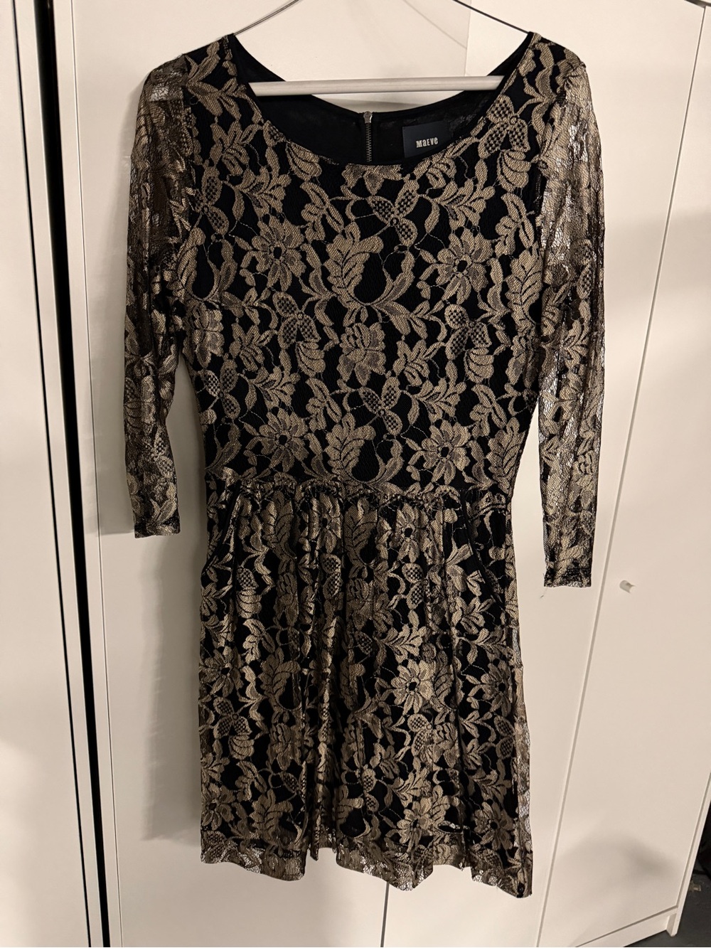 Maeve Black Dress with Gold Floral Lace Overlay - Long Sleeve